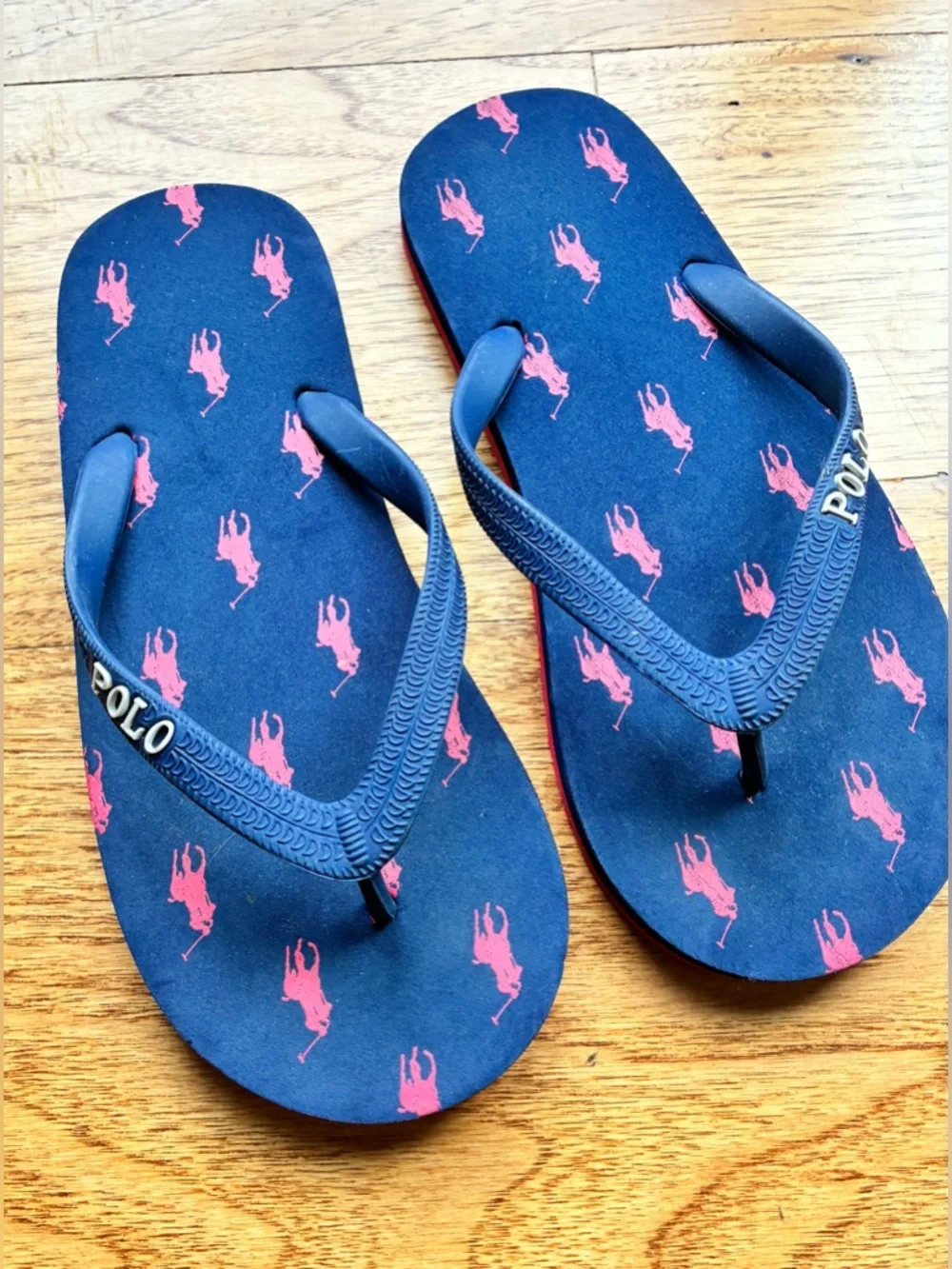 Polo Ralph Lauren Flip Flops Kids Boys Size 4/5 Navy& Red Pony Preppy nautical